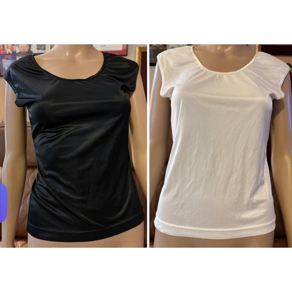 VTG STAY PUT Cap Sleeve Black -white Top Women Size S/M/L Lot 2 Satin Under Top